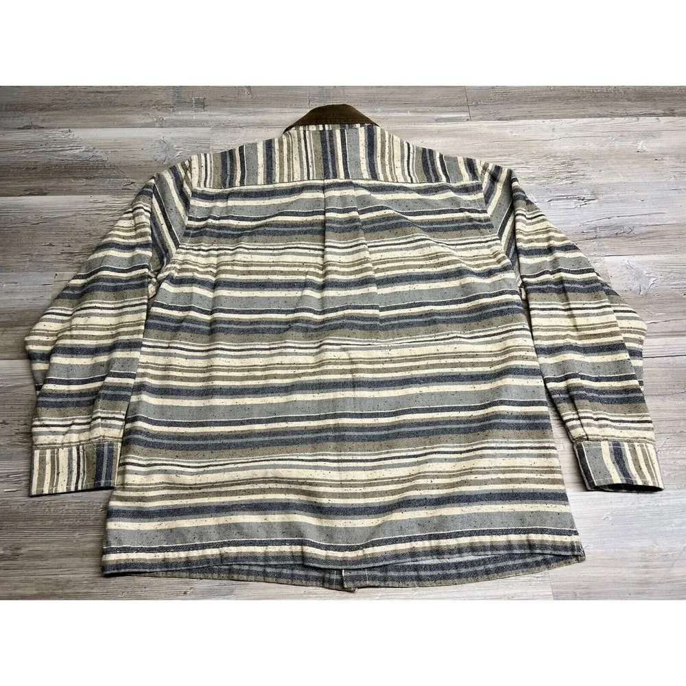 Orvis Flannel Button Up Shirt Suede Collar‎ Striped Mens Size L Western Blue Tan